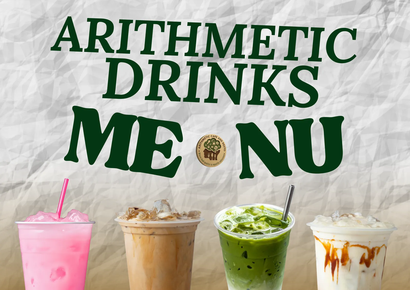 Arithmetic drinks: strawberry milk, iced coffee, iced matcha and caramel latte