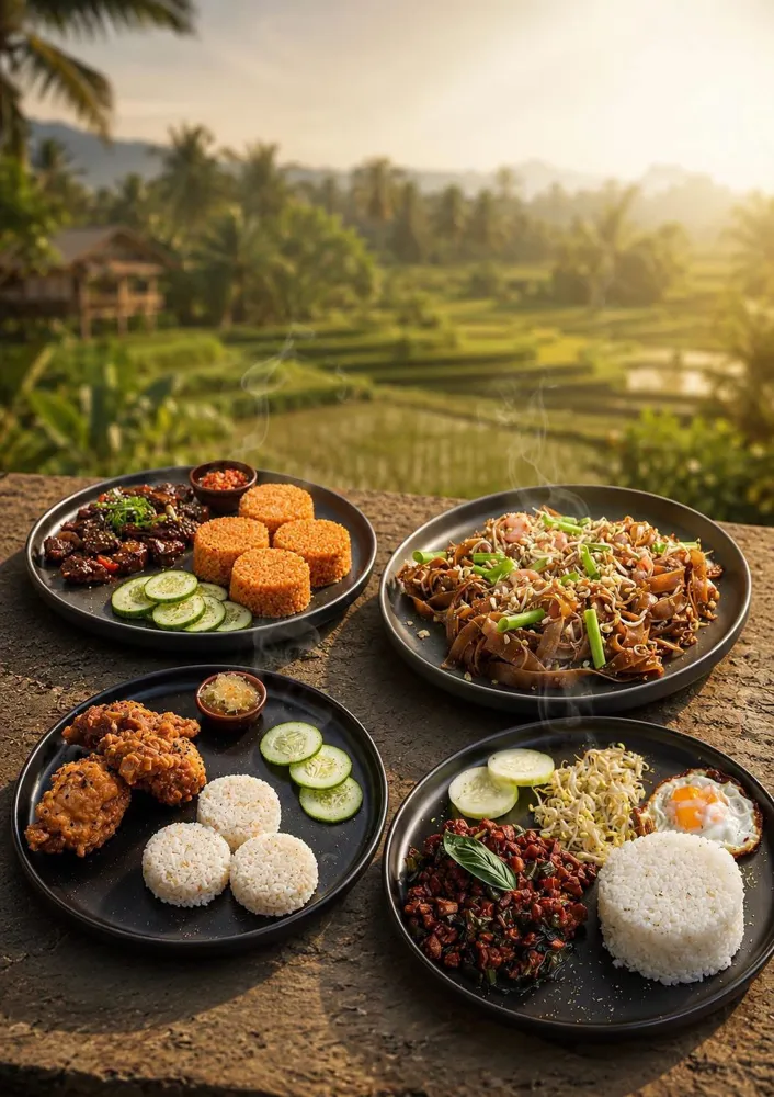 Rice meals with egg, fried chicken and garlic rice