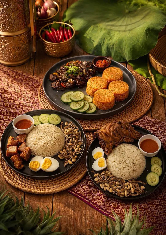 Rice plates with egg, peanuts and chili