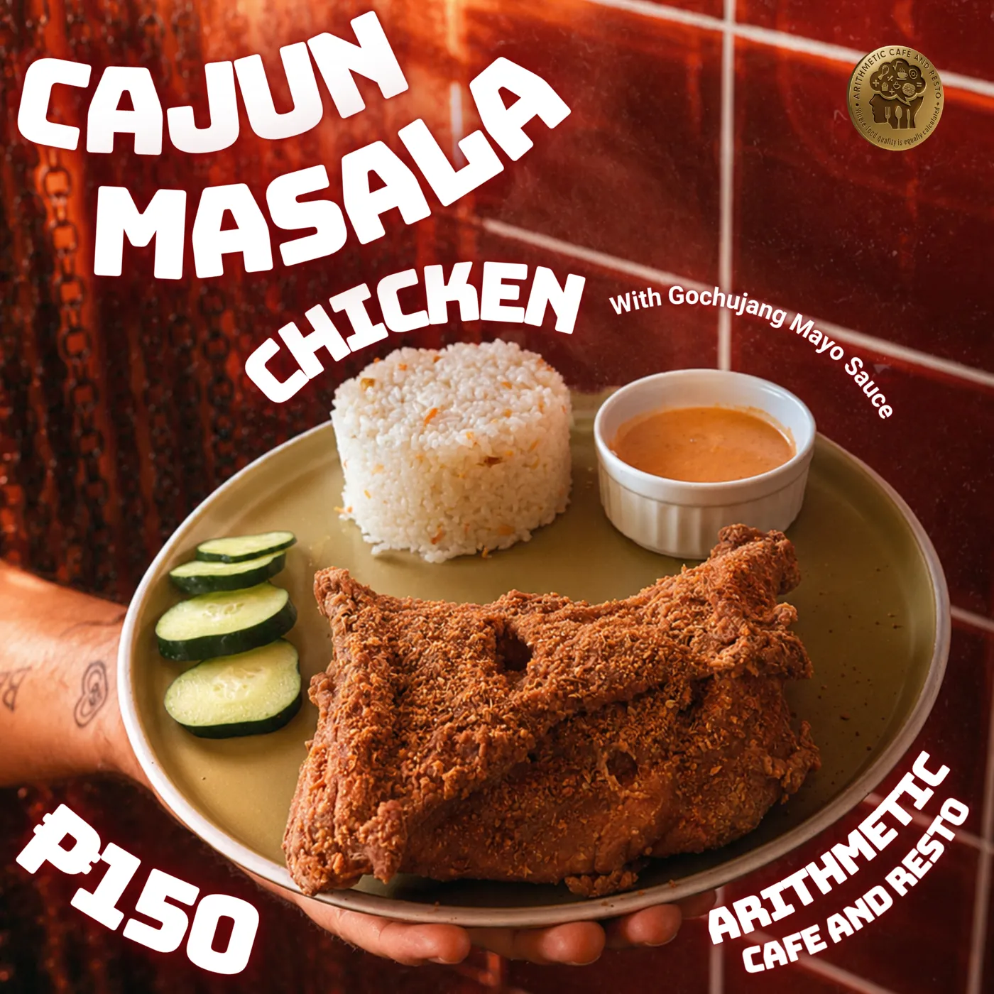 Cajun Masala Chicken with rice, cucumber and gochujang mayo sauce, ₱150