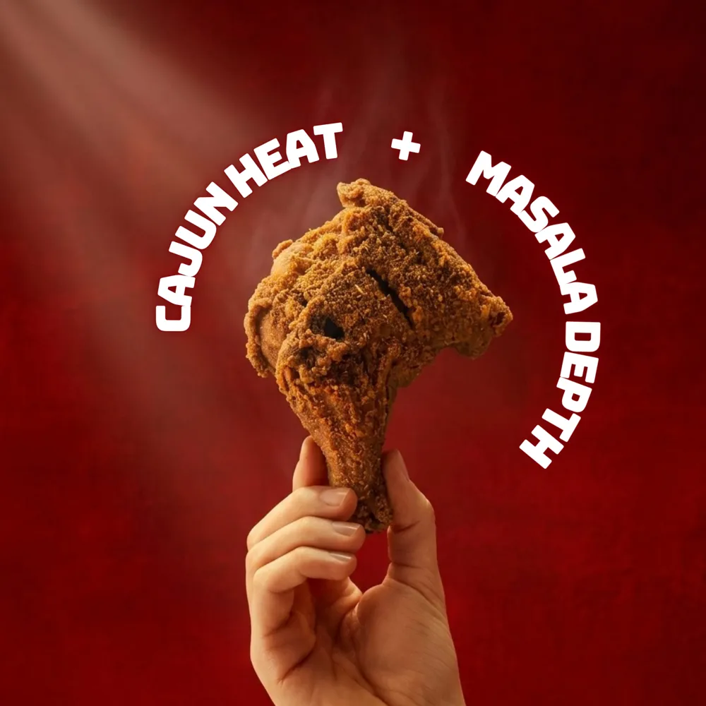 Crispy Cajun Masala chicken leg held up