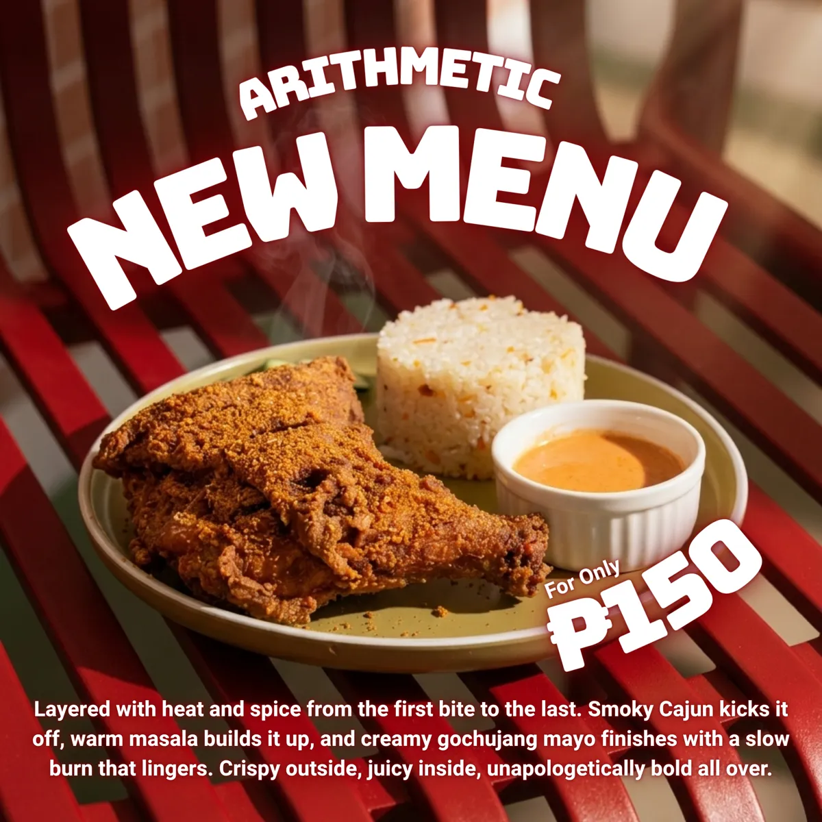 Cajun Masala Chicken plate on a red bench